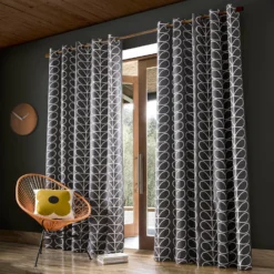 Linear Stem Lined Eyelet Curtains Charcoal