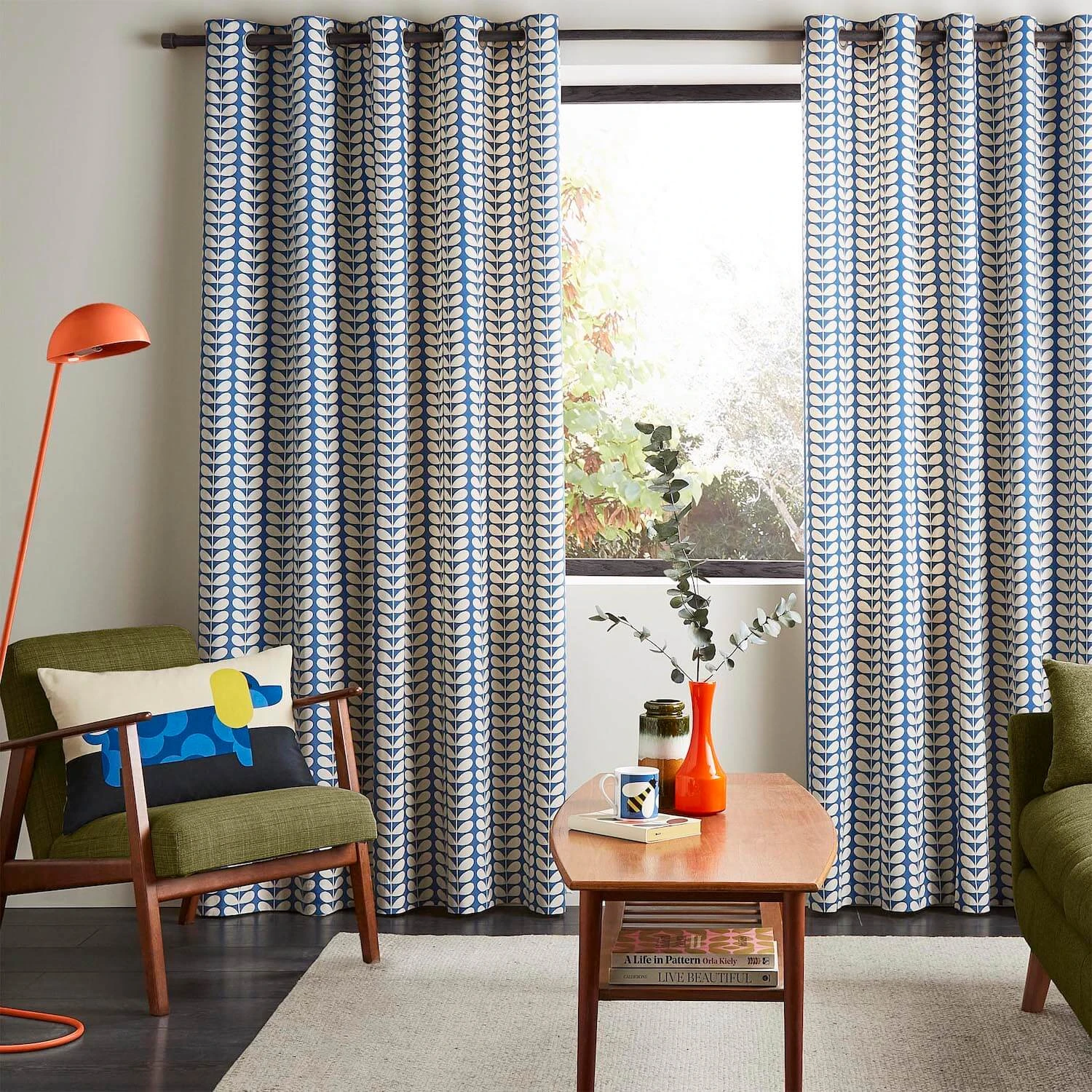 Solid Stem Lined Eyelet Curtains - Denim
